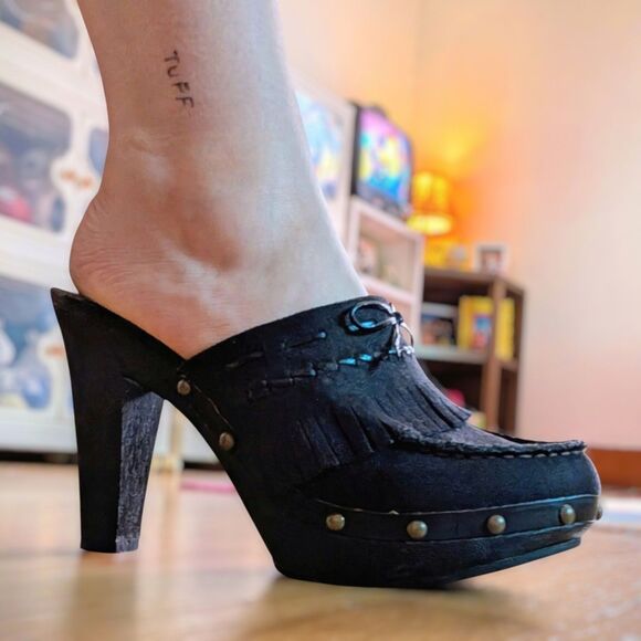 Lei Vintage Y2k Black Tassel Platform Mule Clog Heels - Picture 3 of 7